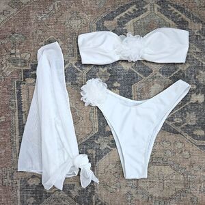 White Floral Appliqué Bikini Set 3 Piece Strapless Bandeau Honeymoon Bridal S
